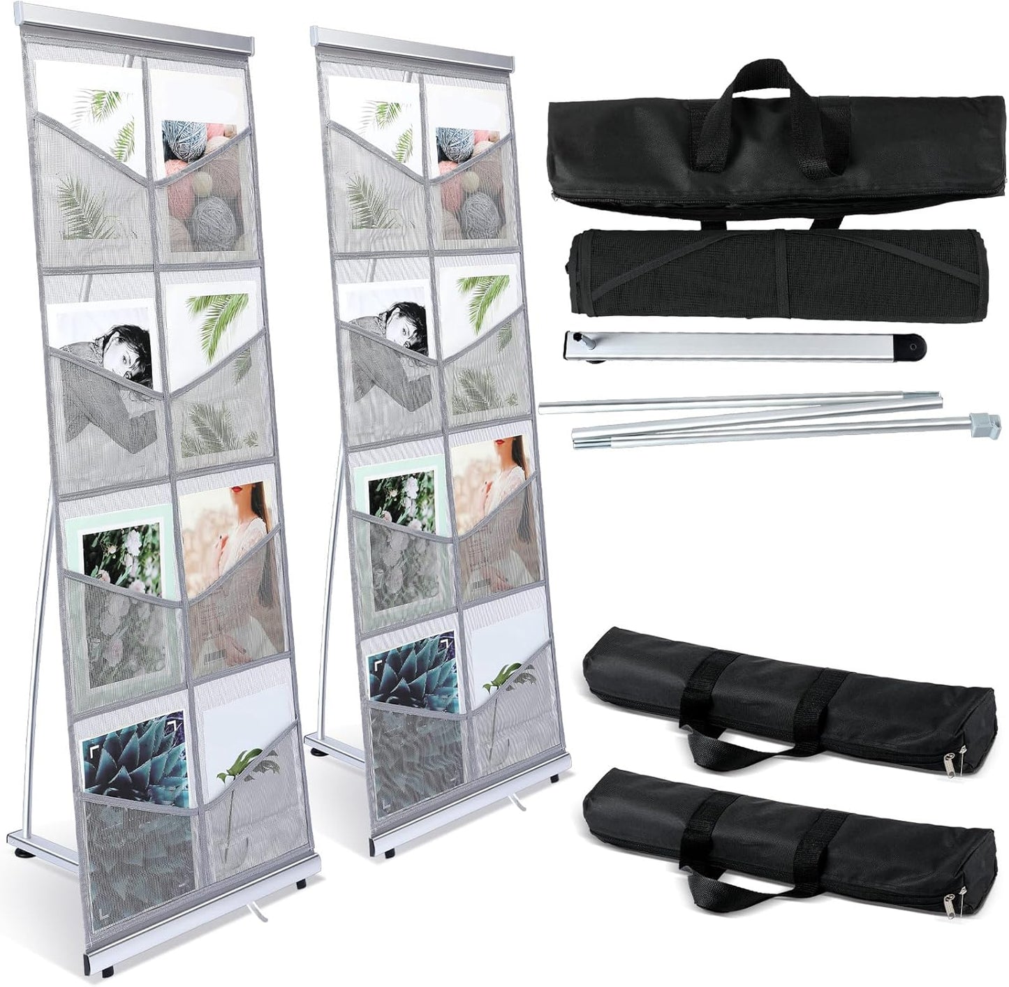 Outus 2 Pcs Mesh Literature Brochure Stand with 8 Pockets Portable Magazine Display Roll up Magazine Rack Lightweight Floor Standing Catalog Office Brochure Display Holder for Business