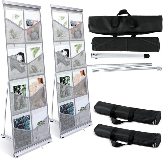 Outus 2 Pcs Mesh Literature Brochure Stand with 8 Pockets Portable Magazine Display Roll up Magazine Rack Lightweight Floor Standing Catalog Office Brochure Display Holder for Business