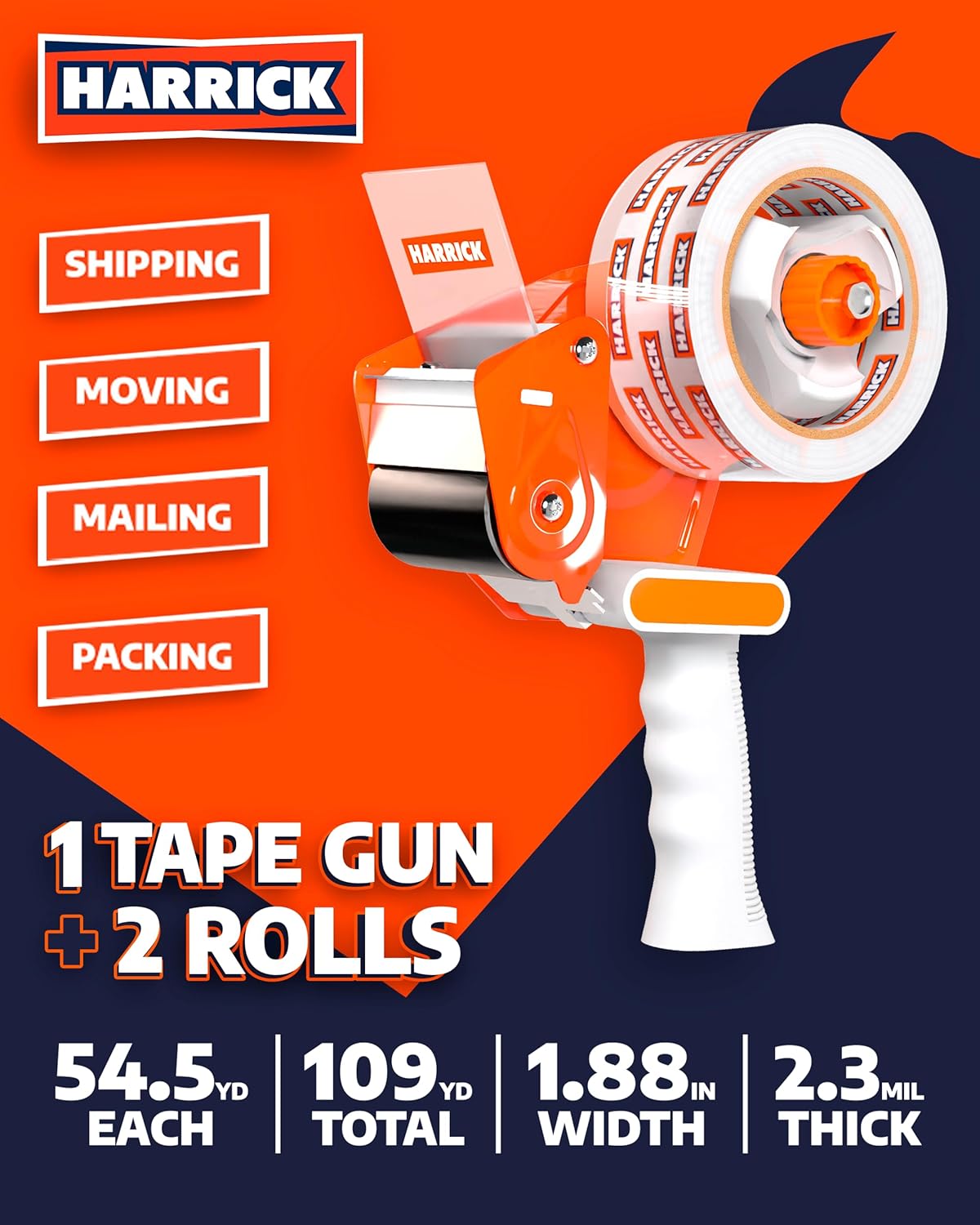 Clear Packing Tape 1.88 inch - Metal Package Tape for Home & Office - Strong & Durable Shipping Packaging Tape - Clear Packaging Tape Dispenser Heavy Duty - 2 Roll / 1 Tape Gun / 109 Yards