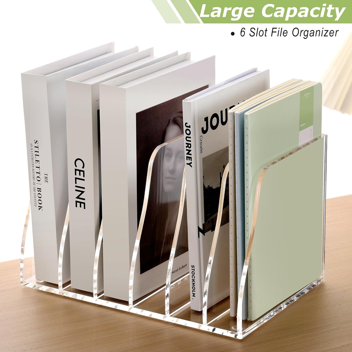 SANRUI Acrylic Desk File Organizer, 6 Vertical Compartments Clear Magazine File Holder Workspace Sorters, Folder Rack for Office Accessories Organization Storage