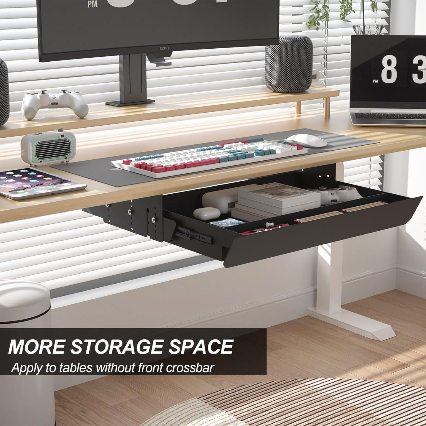 Under Desk Mounted Sliding Pull-Out Drawer Height Adjustable Apply to Tables with Front Crossbar,Adjustable Clearance Up to 3.5",Compatible with Most Stand Up Workstation