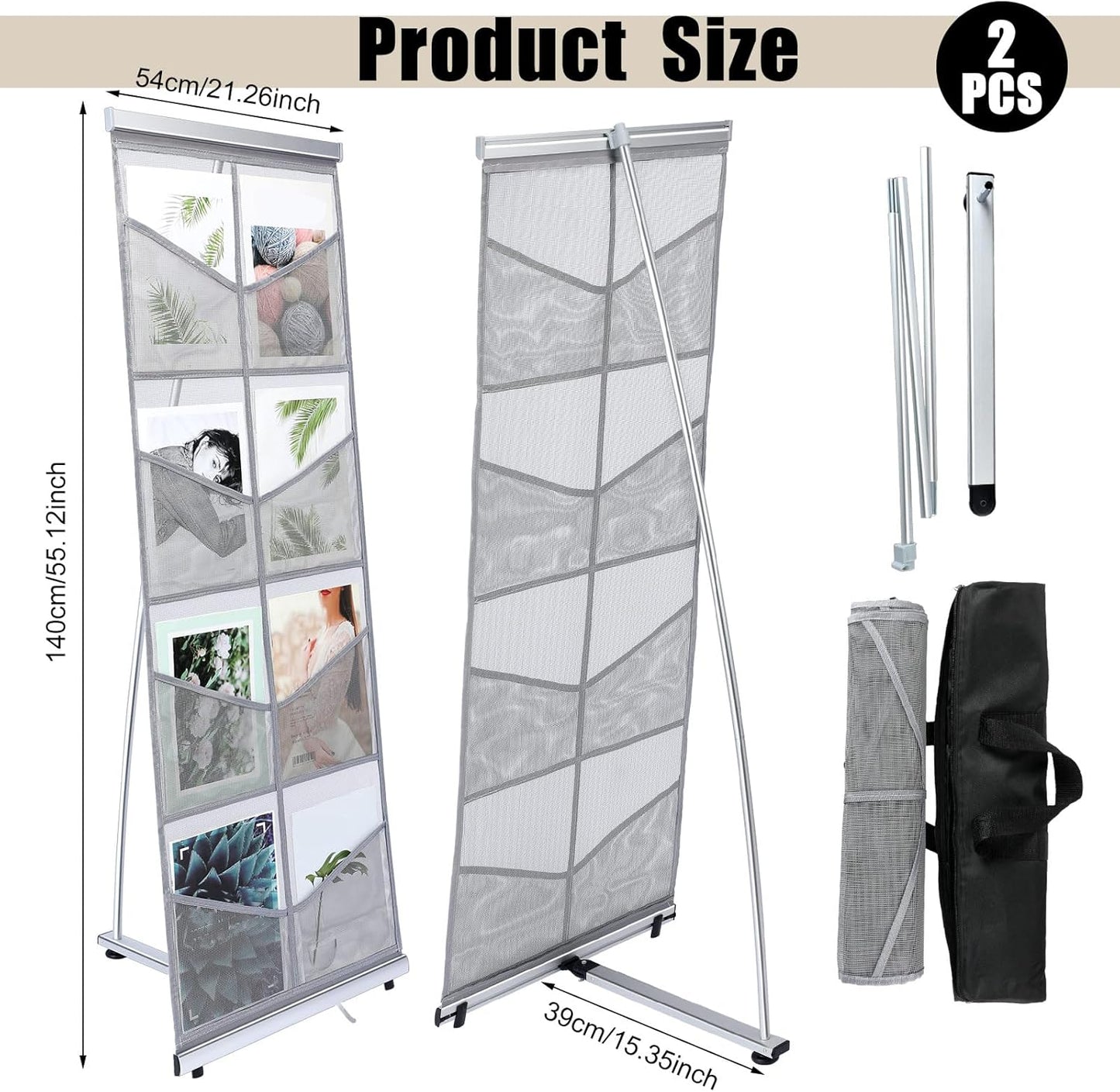 Outus 2 Pcs Mesh Literature Brochure Stand with 8 Pockets Portable Magazine Display Roll up Magazine Rack Lightweight Floor Standing Catalog Office Brochure Display Holder for Business
