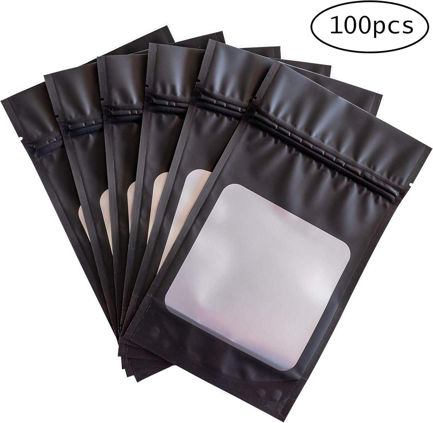 HANSER | Smell Proof Odorless Mylar Resealable Foil Pouch Bags with clear Window | Stand up bottom | Airtight | matte black | 100 Pieces | 4.8x8.2 Inches