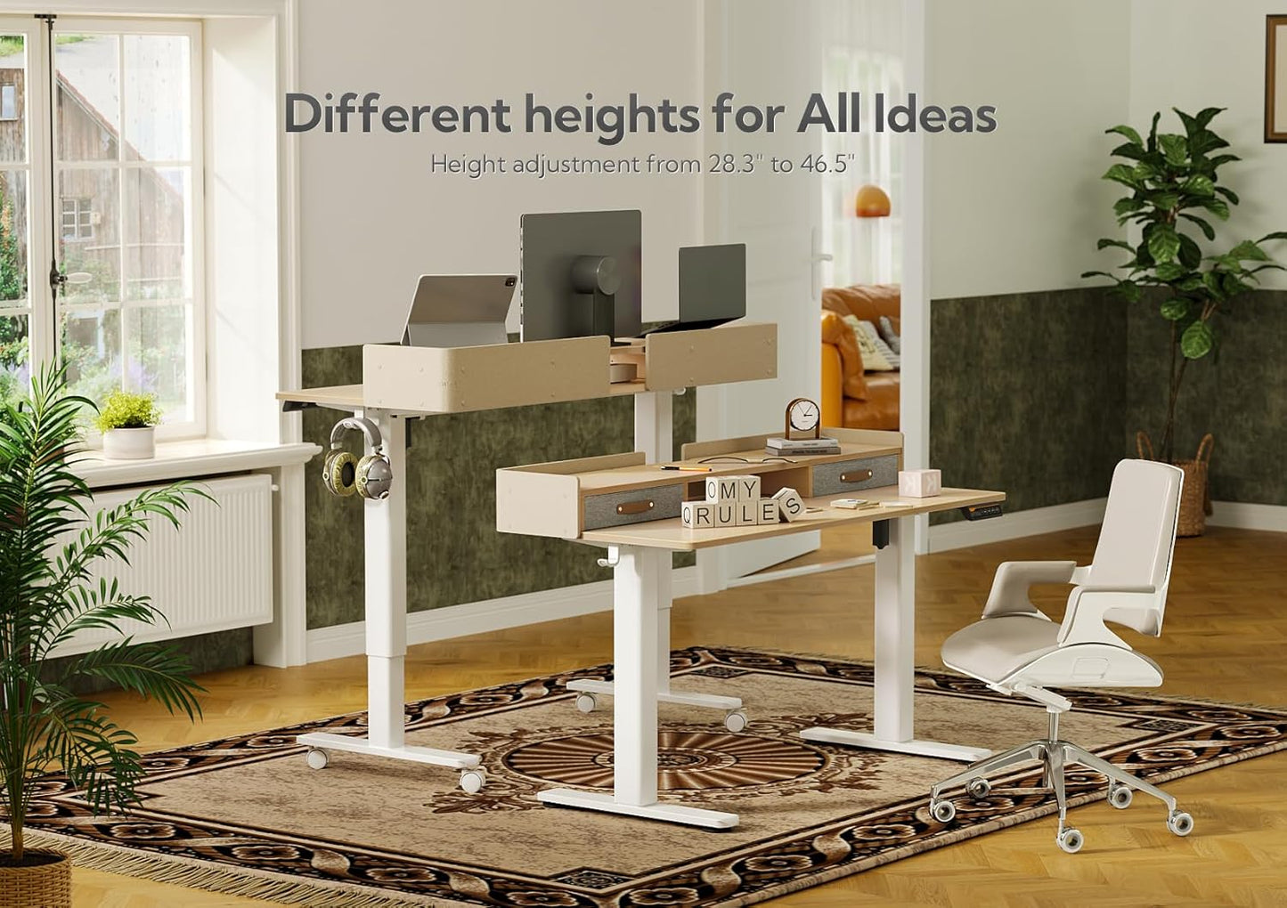 YDN Standing Desk with Drawers, 63 Inch Standing Desk Adjustable Height, Adjustable Electric Stand Up with Storage and Shelf, Natural