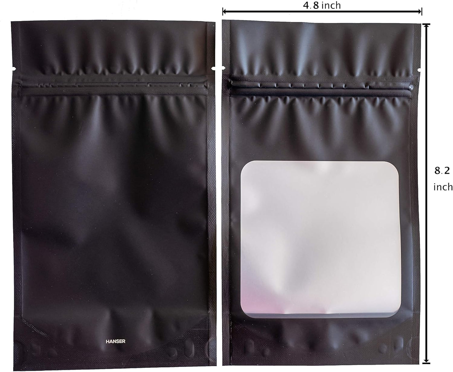 HANSER | Smell Proof Odorless Mylar Resealable Foil Pouch Bags with clear Window | Stand up bottom | Airtight | matte black | 100 Pieces | 4.8x8.2 Inches