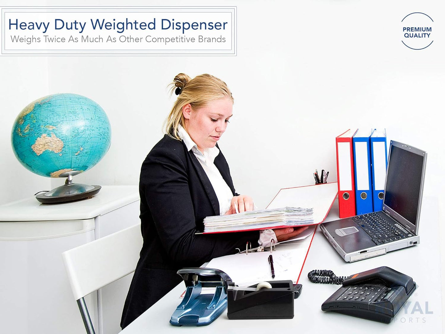 Royal Imports Desktop Tape Dispenser Adhesive Roll Holder (Fits 1" & 3" Core) Heavy Duty Premium for Office, Home, School, Library, Crafts, Moving, Giftwrapping with Weighted Nonskid Base, Black