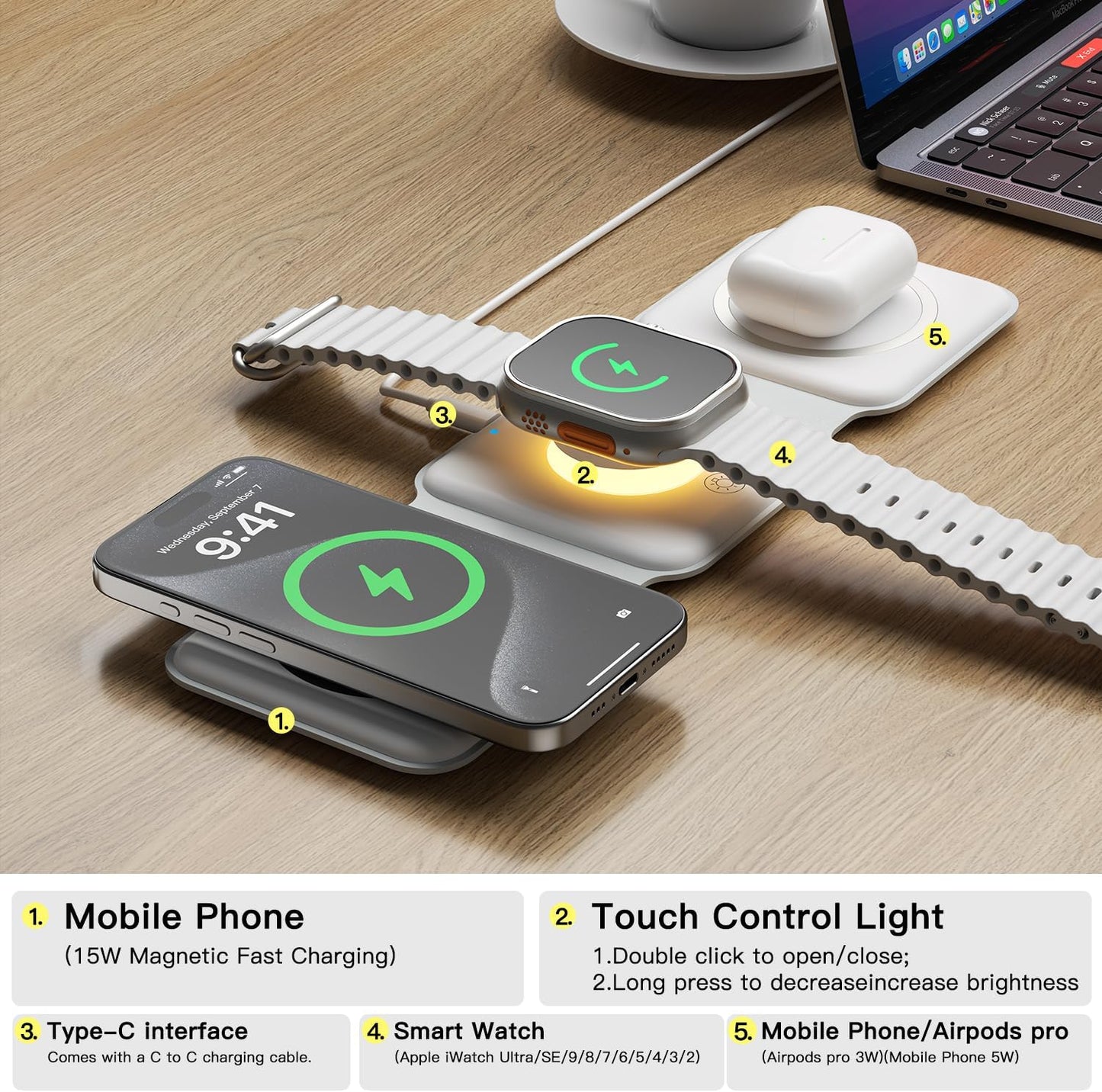 ESSAGER 3 in 1 Foldable Wireless Charger for iPhone 16/15/14/13/12/11 Series, Magnetic Wireless Charging Station, Travel Wireless Fast Charging Pad for Airpods 4/3/2/Pro, iWatch (3 in 1, White)