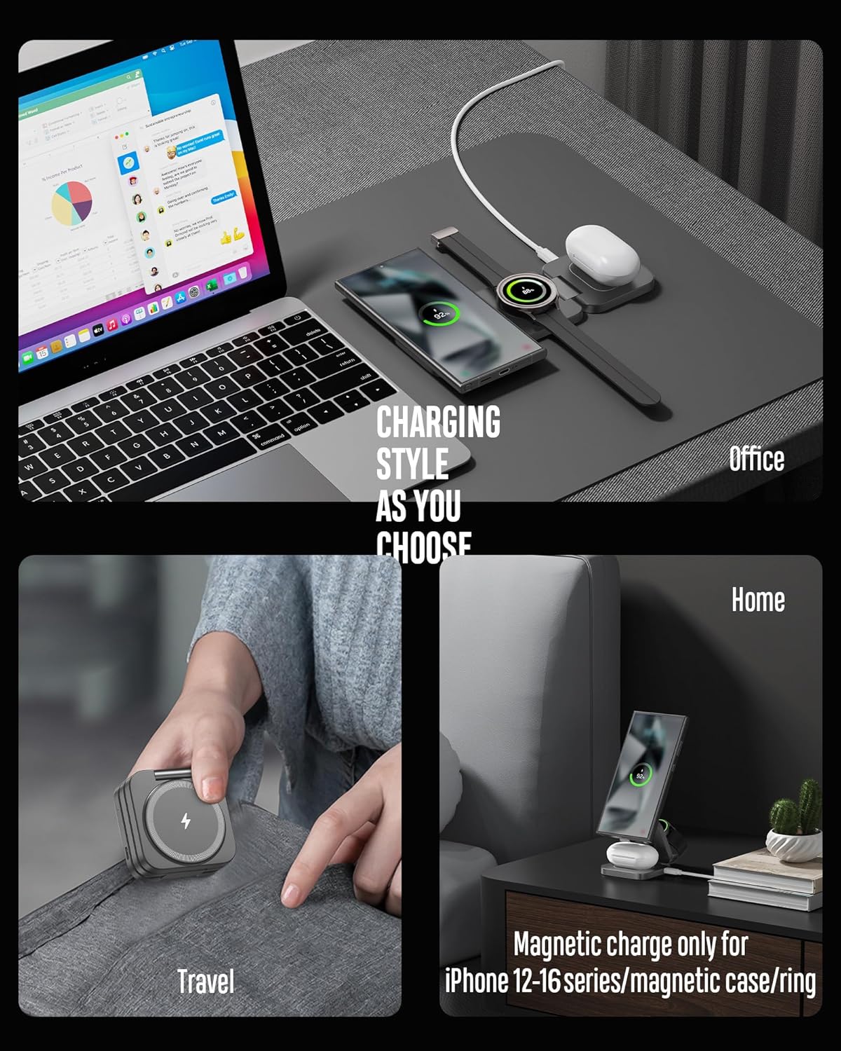 Foldable 3 in 1 Wireless Charging Station for Samsung, KU XIU X55 Ultra Magnetic Travel Charger Stand for Galaxy S24 Ultra S23 S22 Note 20 Z Fold Flip 6 5, Galaxy Watch Ultra 7 6 5, Galaxy Buds, Gray