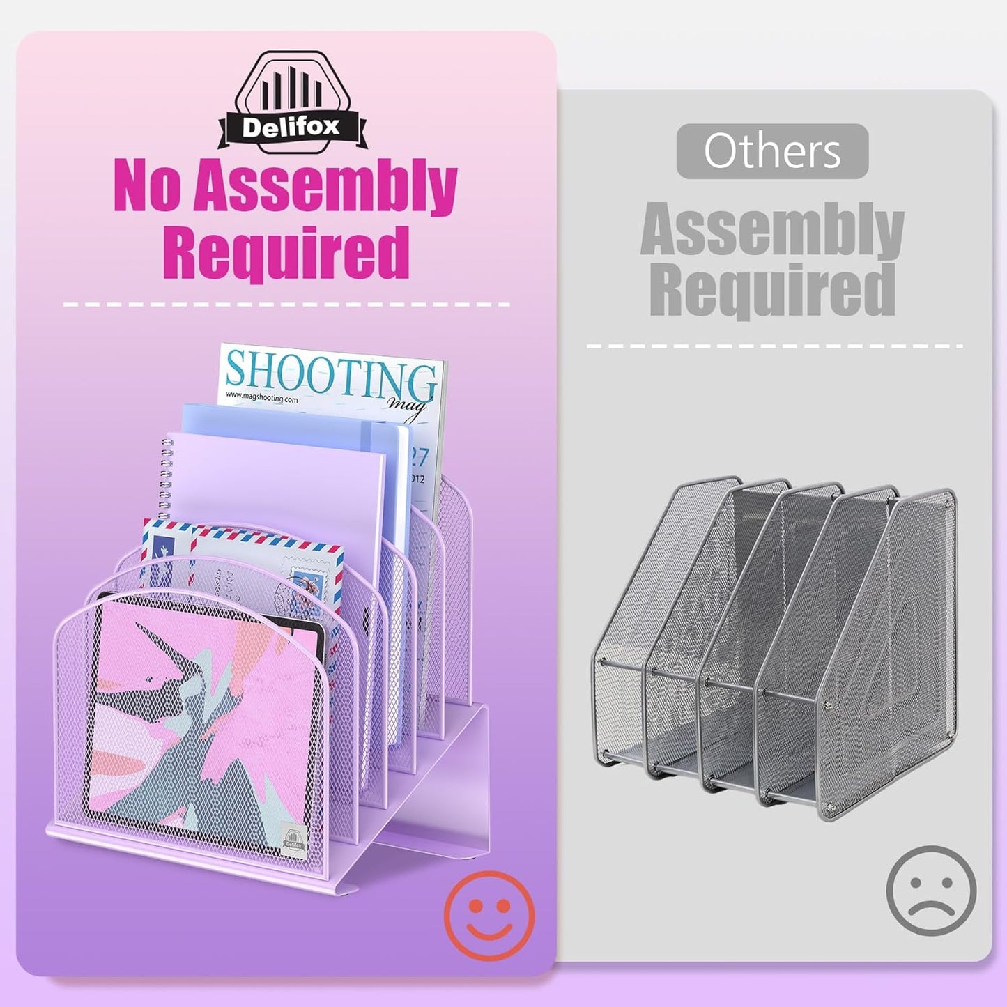 Inclined Desk File Organizer, 5-Section Vertical File Folder Holder Stand Metal Rack File Sorter for Office Classroom Desktop Organization (Purple, 2Pack)