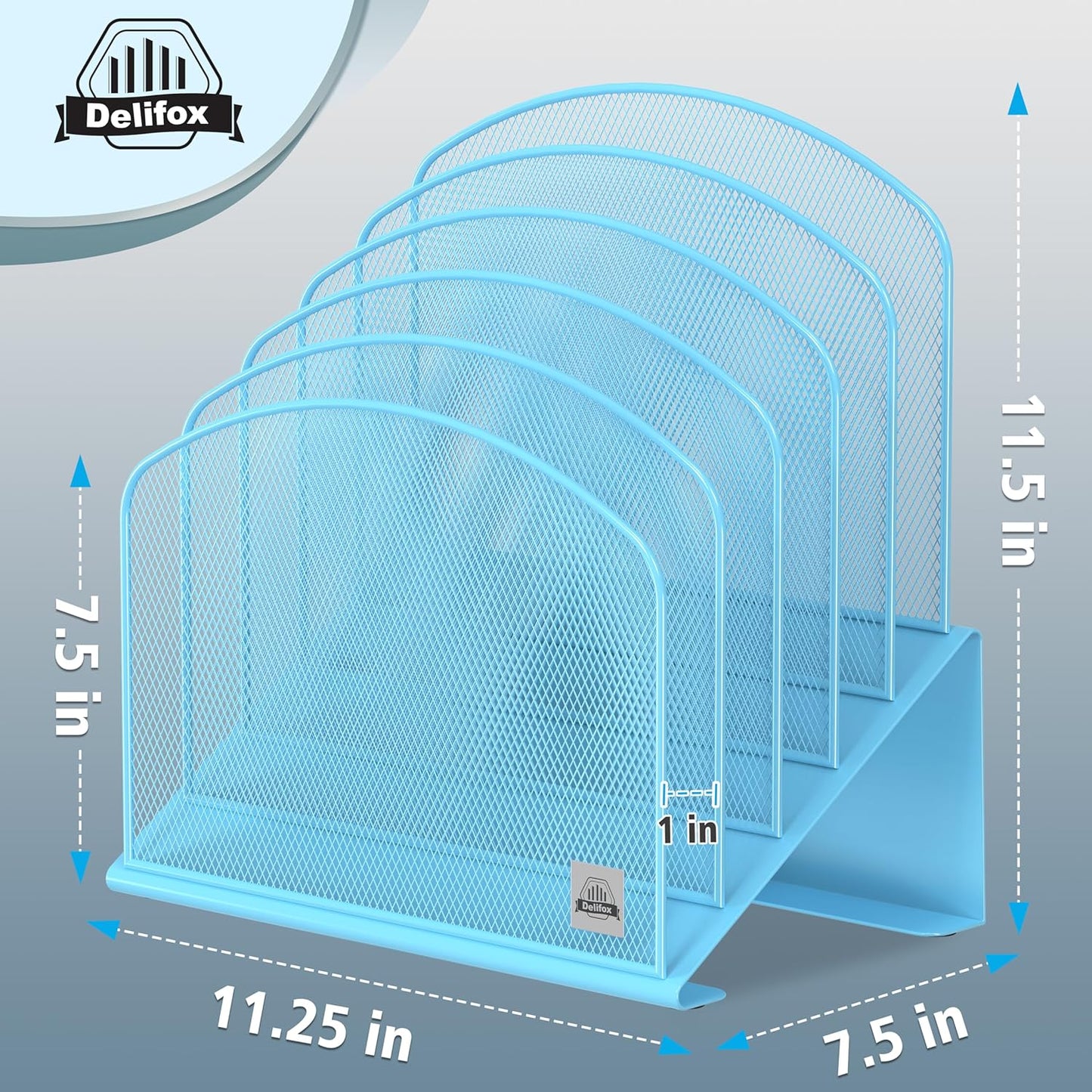 1Pack Inclined Desk File Organizer, 5-Section Vertical File Folder Holder Stand Metal Rack File Sorter for Office Classroom Desktop Organization,Blue