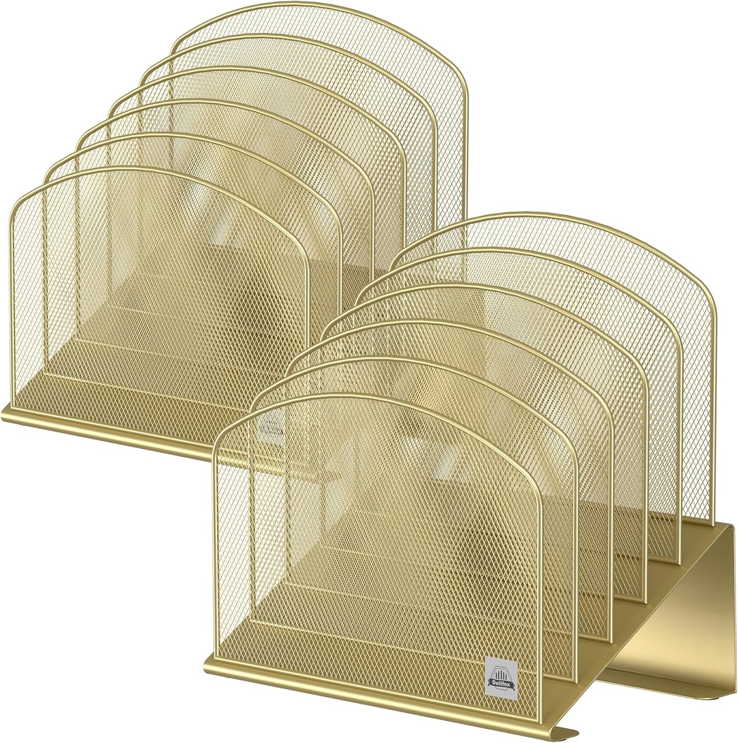 Inclined Desk File Organizer, 5-Section Vertical File Folder Holder Stand Metal Rack File Sorter for Office Classroom Desktop Organization (Gold, 2Pack)