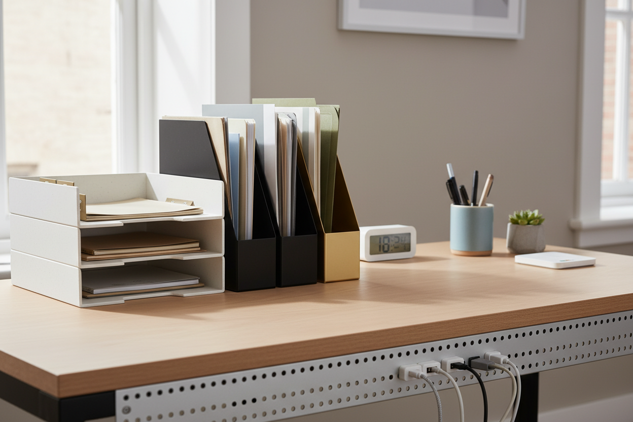 Desk trays, file organizers, cable management solutions, and more to keep your workspace tidy. (make it real photo)