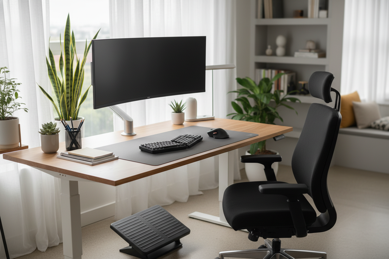 Desks, chairs, and ergonomic solutions that support posture, focus, and long-term health. (make it real photo)