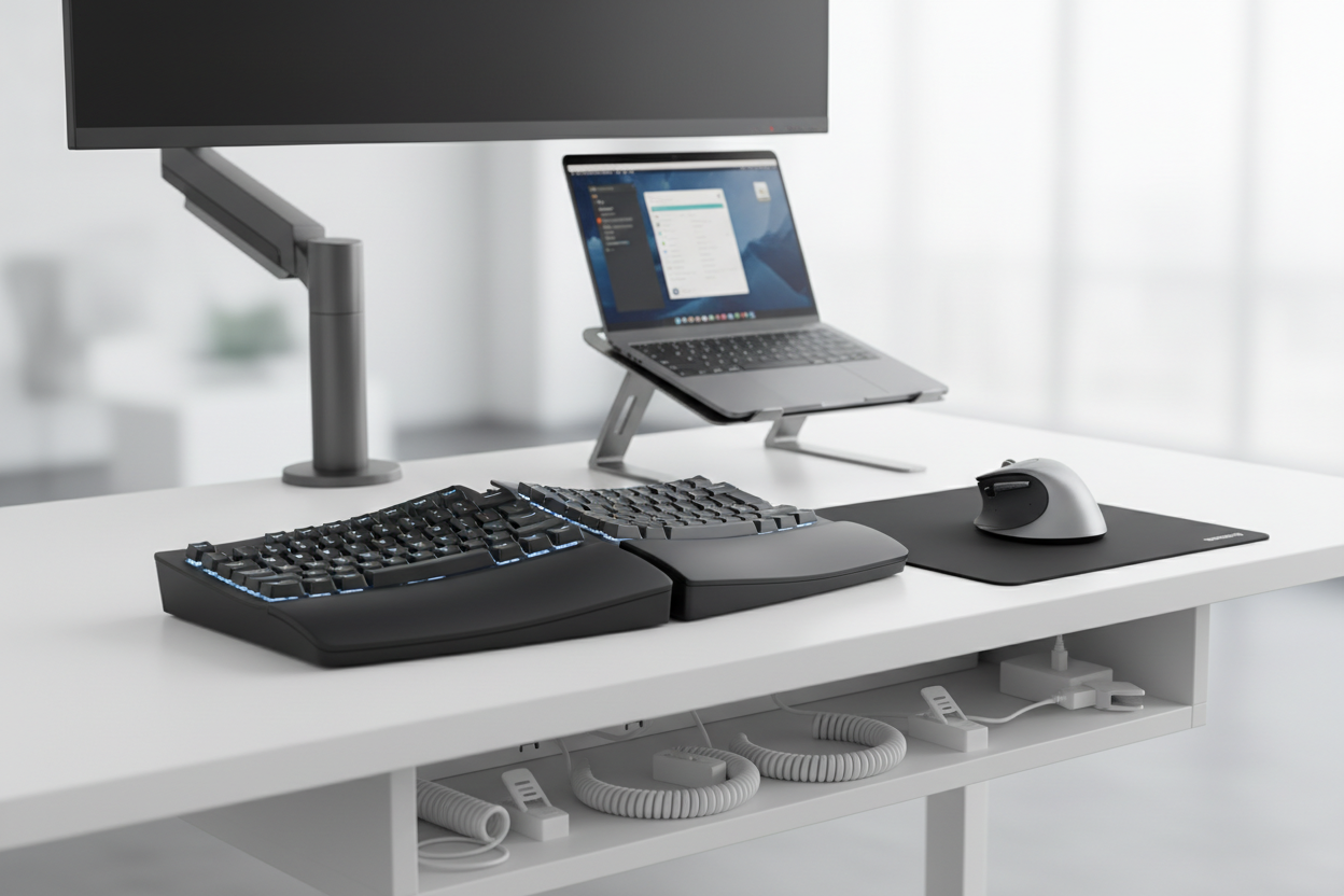 Ergonomic keyboards, mousepads, laptop stands, and other gadgets that improve workflow and comfort. (make it real photo)