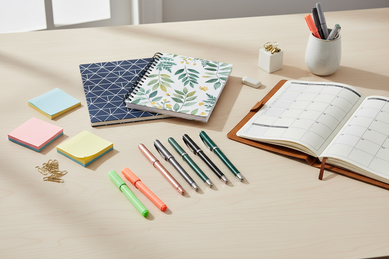Pens, notebooks, planners, sticky notes, and other stationery designed for daily use. (make it real photo)